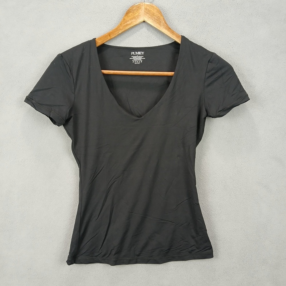 Pumiey Tee Shirt Womens Small‎ Black Stretch V Neck Short Sleeve Everyday Wear